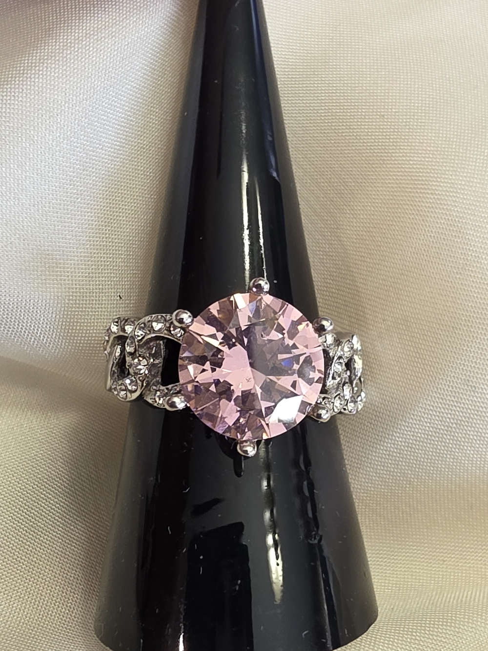 Simulated Pink Diamond (CZ)White Austrian Crystal Stainless Steel Link Band Ring